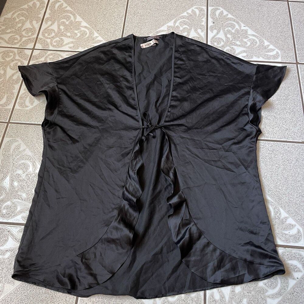 NEW Victorias Secret Black Satin Robe Kimono One Size NWT